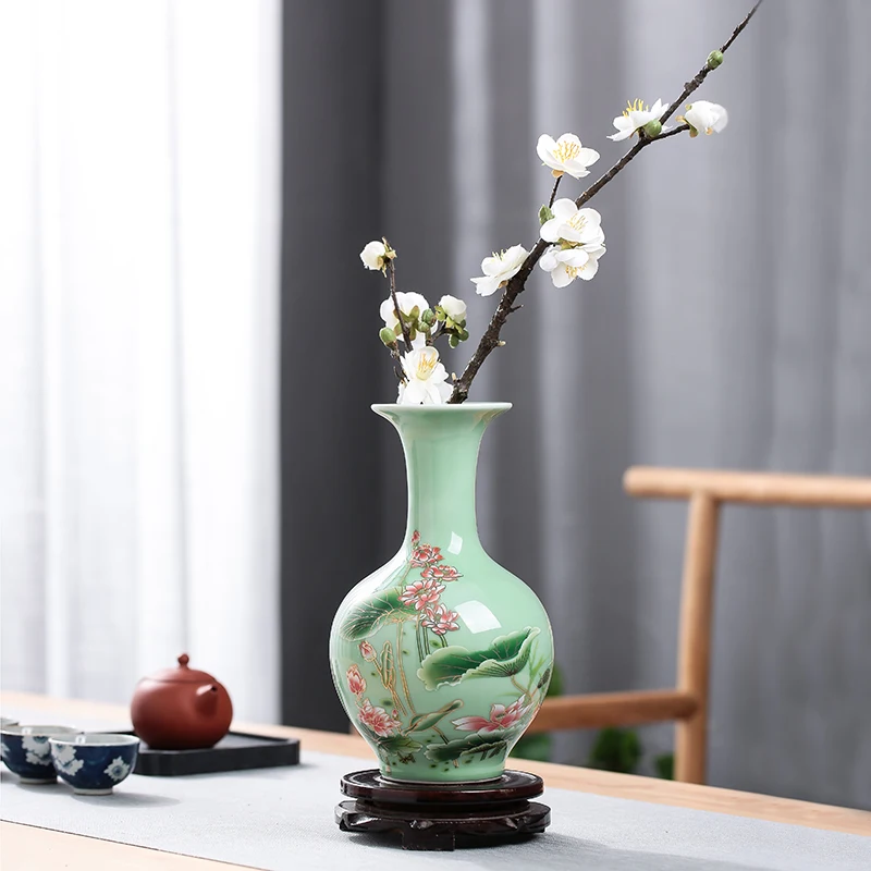 Jingdezhen Porcelain Vase ornament, living room flower arrangement, dry flower, antique lotus pattern, Celadon Glaze vases