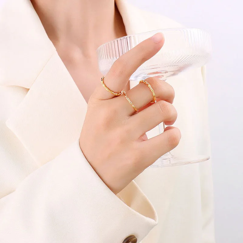INS Simple Overlay Plain Stainless Steel PVD 18k Gold Plated Oval Beads String Stacker Ring For Women Girls Jewelry