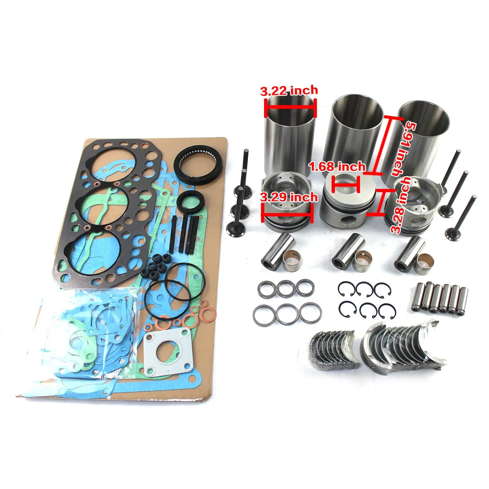 K3M Overhaul Rebuild Kit w/ Valves for Mitsubishi Engine Excavator and Cub Cadet Case 1140 Compact Tractor