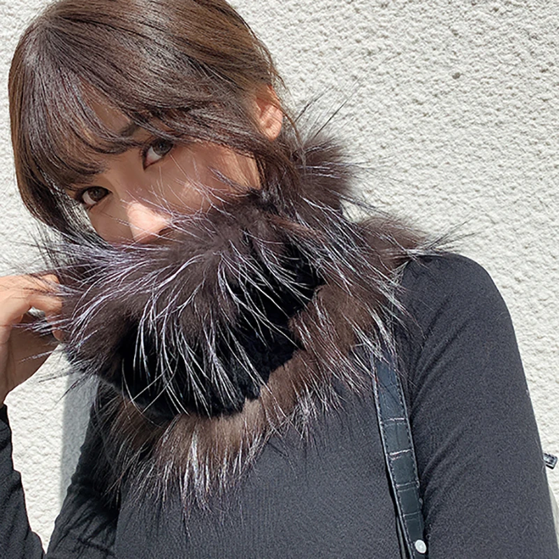 2020 Women Knitted Rex Rabbit Fur Scarves with Silver Fox Strips Real Raccoon Fur Mufflers Winter Warm Fur Wraps Elastic Rings