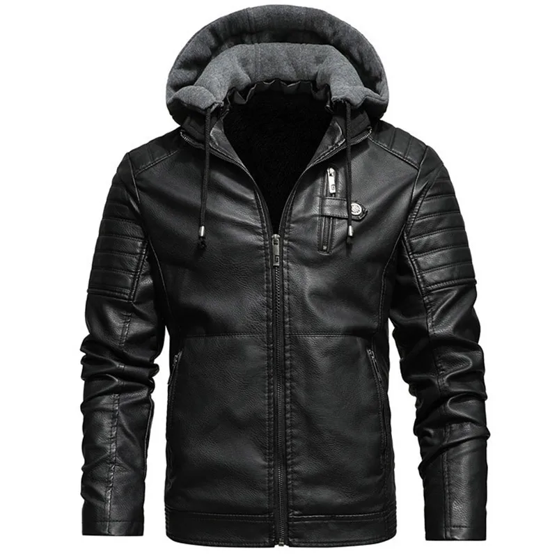 Mens Winter Vintage Motorcycle Jacket Mens Outdoor Casual Long Sleeve Multi-zip PU Leather Hooded Jackets and Coats