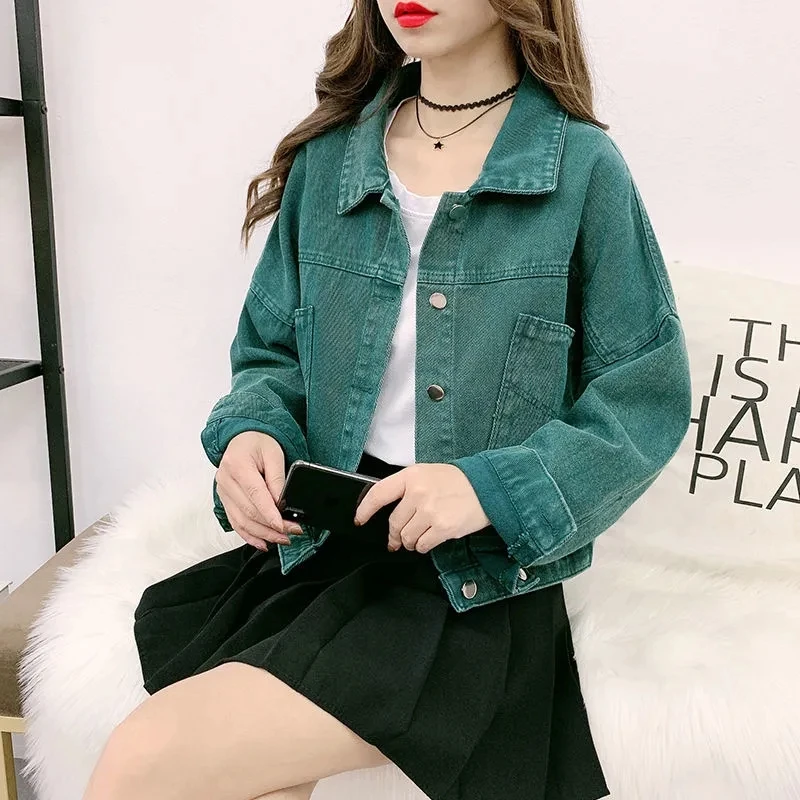 

Autumn Solid Color Turn-Down Collar Short Denim Jackets 2021 Korean Casual Joker Outerwear Womens Drop-Shoulder Sleeve Jean Coat