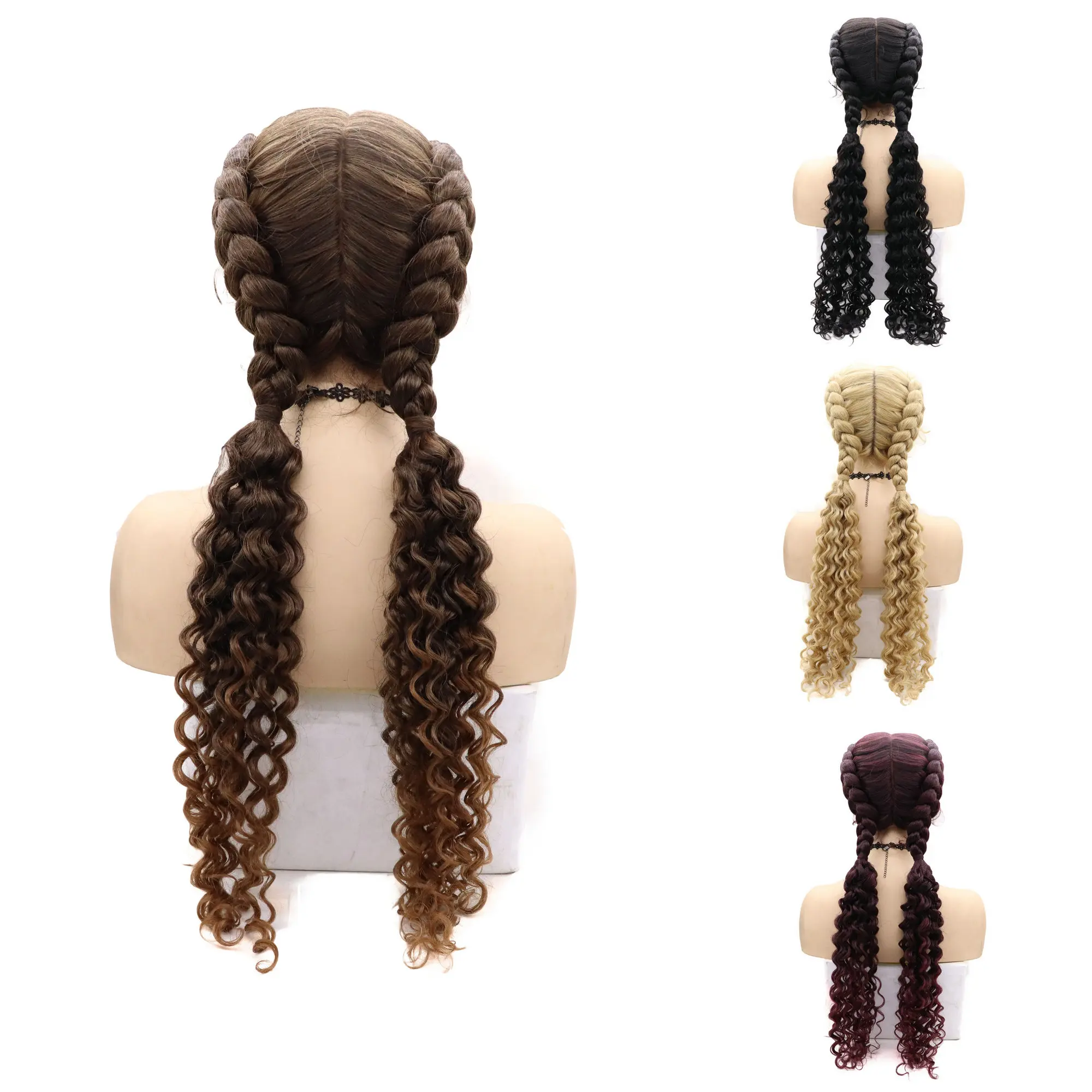 Sylvia Black Synthetic Braided Wig Double Braids Ponytail Long Braid Wigs Middle Part with Baby Hair for Women Bouncy Curly Wig