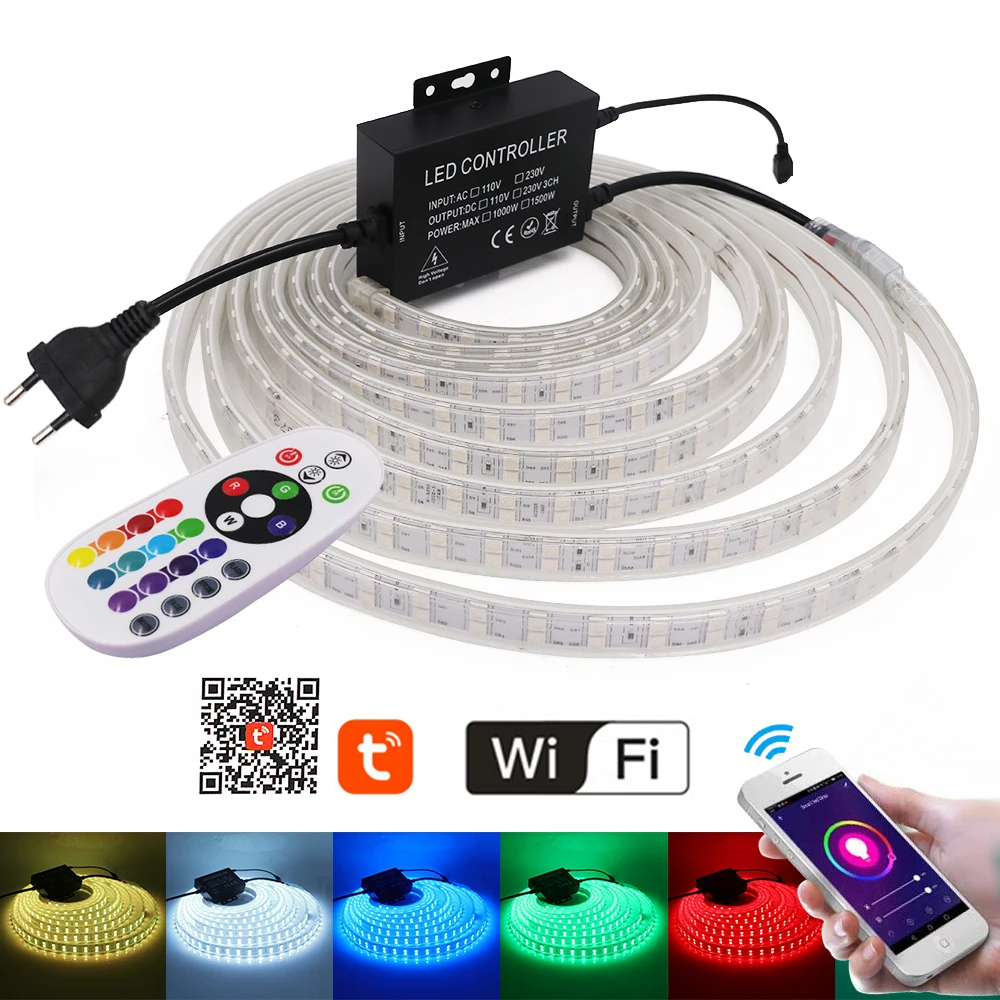 Tira de luces LED RGB con Control WIFI, 220V, 240V, 120LED/m, 1500W, controlador + mando a distancia de 24 teclas, cinta Flexible de luz LED