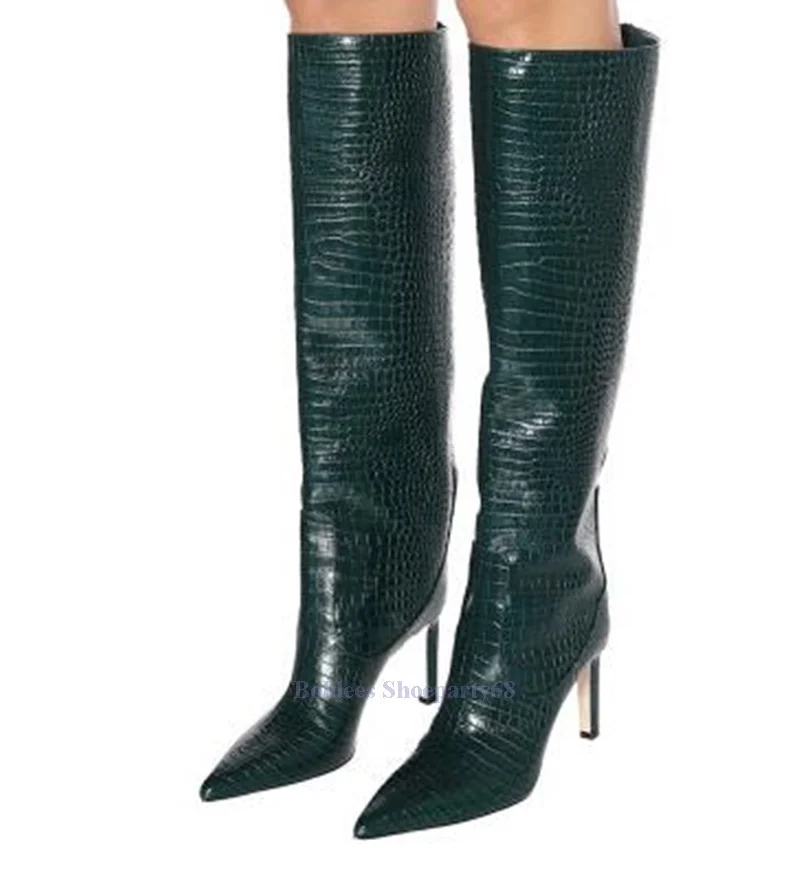 Green White Crocodile Printed Pattern Pointed Toe Sexy Thin Heeled Woman Knee High Boots Ladies Designer Long Botas Plus size 46