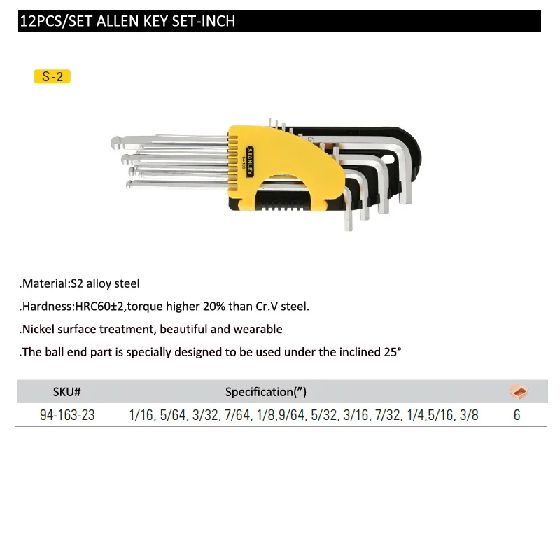 Stanley Imperial Ball End mini Standard Long Allen Key Set with Holder Bike Mechanical Tools Kit Torque Hex Key Set Inch L-shape