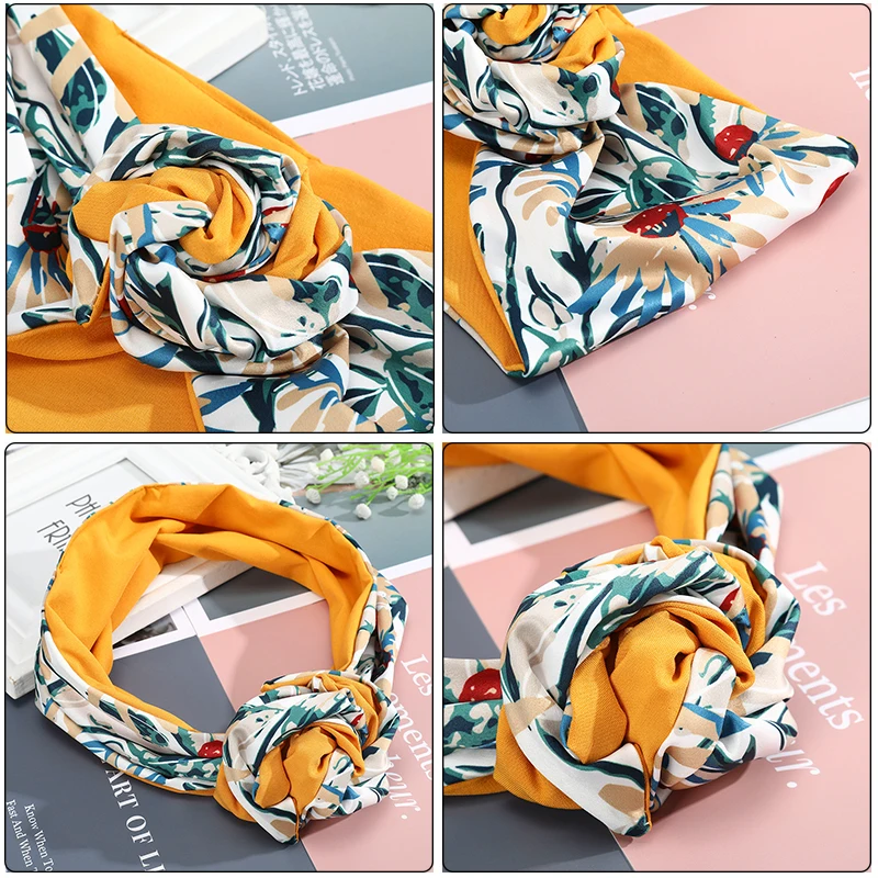 AWAYTR Twist Hairband Metal Scarf Wire Headband Boho Prints Ribbon Scrunchie Flower Bandana Turban Wrap Women Hair Accessories