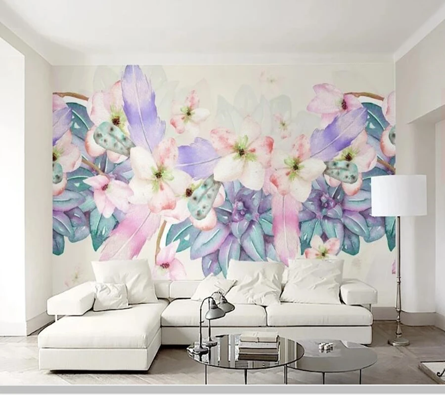 

Papel de parede watercolor flower feather purple 3d wallpaper,living room tv wall bedroom wall papers home decor kitchen mural