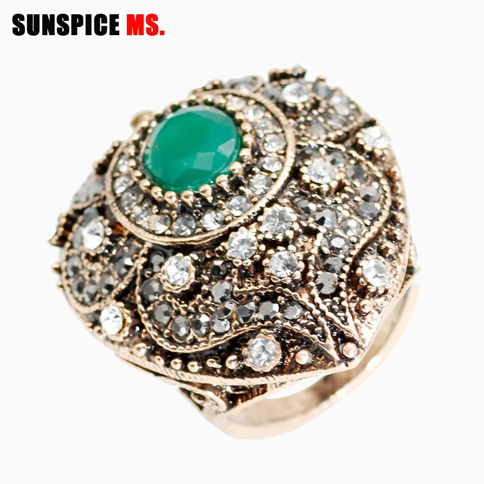 SUNSPICE MS New Turkish Rings For Women Antique Gold Color Vintage Wedding Bands Resin Ring Engagement Jewelry Crystal Gift