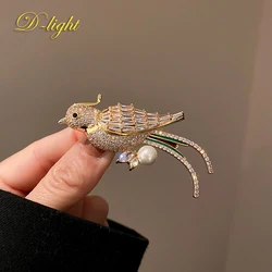 Retro Copper Inlaid Zircon Pearl Bird Brooch Ladies Coat Suit Pin Animal Jewelry Party Daily Office Accessories Exquisite Gifts