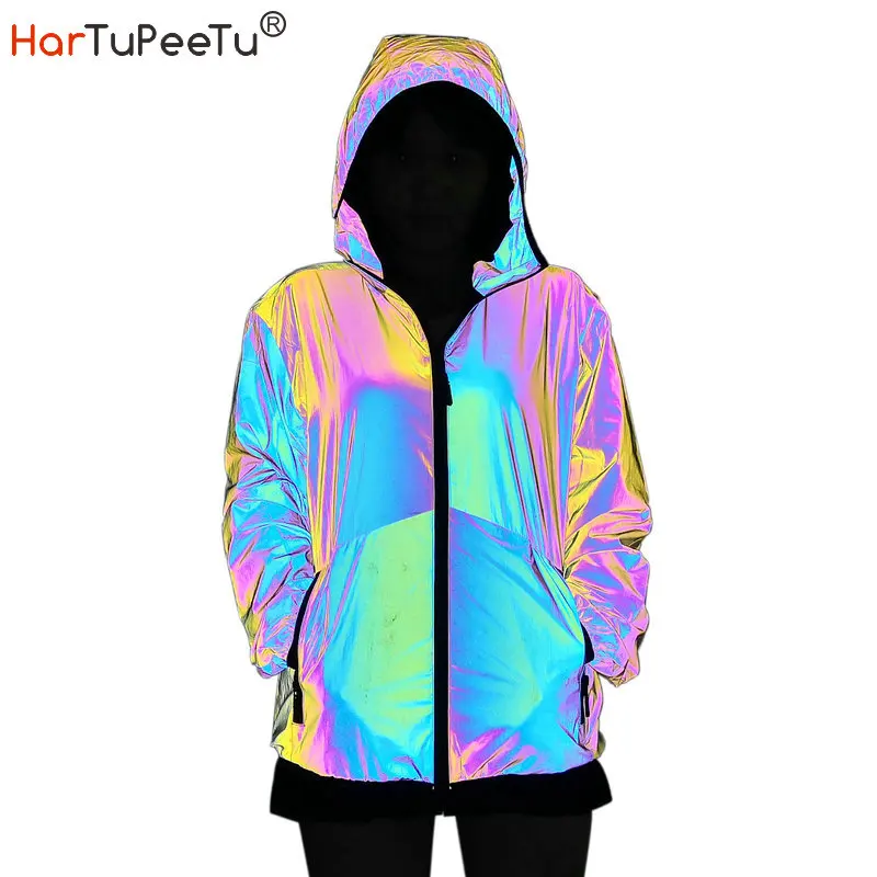 Women Autumn Hooded Reflective Jacket Rainbow Coat Hip Hop Rap Dance Zipper Soft Fabric Girls Safe Wear Dropshipping