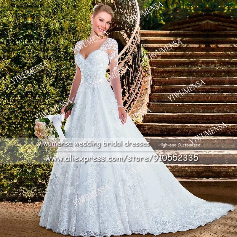 YIWUMENSA Luxury Princess A Line abito da sposa Appliques di pizzo bianco scollo A V perline lunghezza del pavimento bottoni indietro illusione abito da sposa