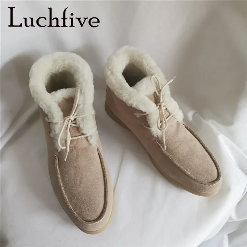 2021 Winter Hot Sale Wool Snow Boots Woman Rubber Sole Lace-up Flat Ankle Boots Suede Leather Comfortable Fur Boots Mujer