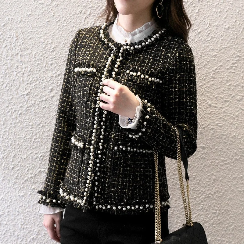 Ladies Office Slim Fit Tweed Jacket Women Plaid Pearls Beading Short Coat Brand Designer Party O Neck Twill Jackets Outerwear