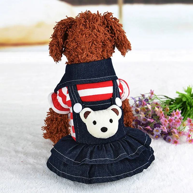 Spring Summer Pet Dog Clothes Striped Bear Cute Cat Strap Denim Skirt Yorkie Chihuahua Dresses Clothes Ropa Perro