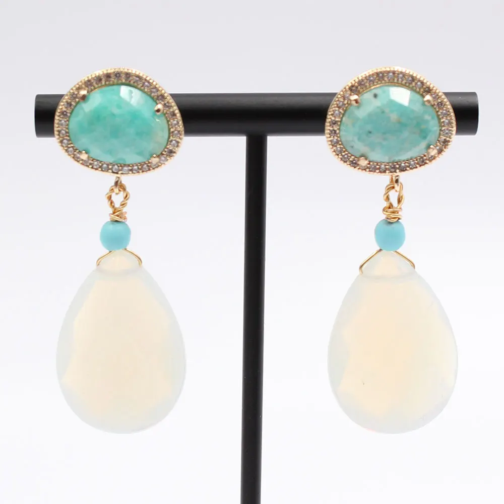 GuaiGuai Jewelry Natural White Opal Crystal Water drop Turquoise Green Amazonites CZ Stud Earrings Cute style For Lady