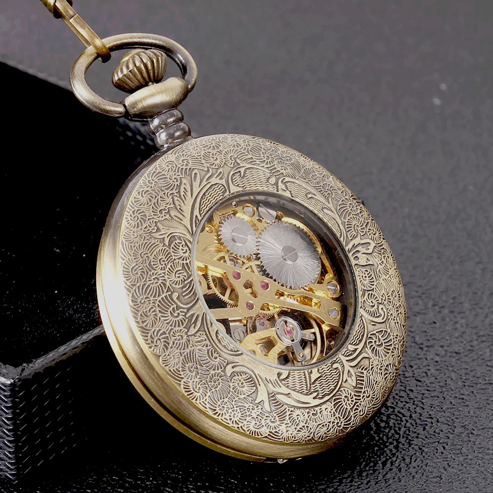 Copper color hollow carved white surface scale mechanical pocket watch