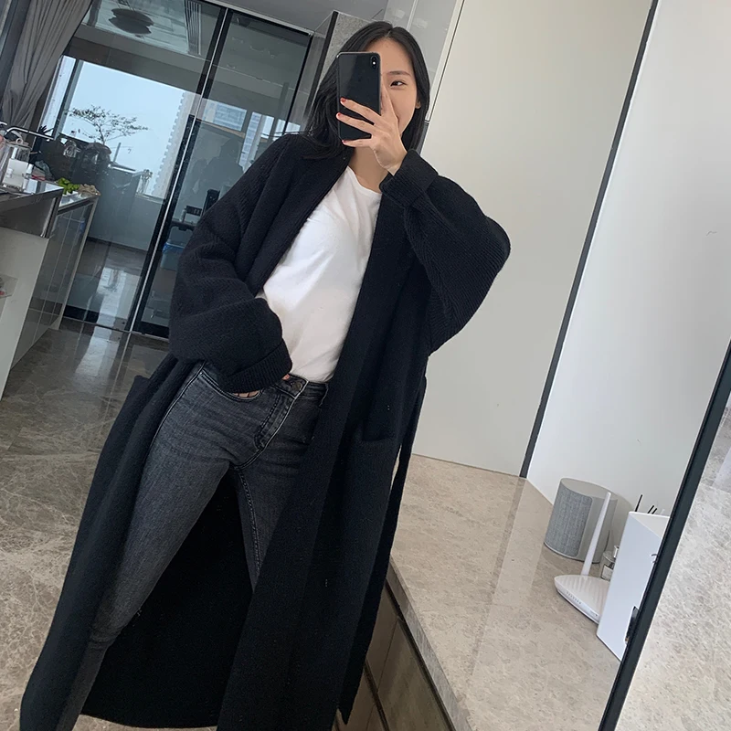 [ZAYAU]Robe Shaped Coat Alpaca Long Sweater Soft Thick Lazy Loose Lace Knitted Cardigan Women 2021