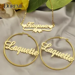 DOREMI One Name Earrings and Necklace set Tile Chain Round Regular Hoops Earrings Custom Letter Hoop Personalized Name Earrings