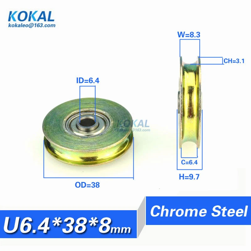 [U0638J]1pcs 6.4*38*8mm with triangular bracket/L bracket, U-grooved wheel, bearing wire rope pulley/crane/guide bearing wheel