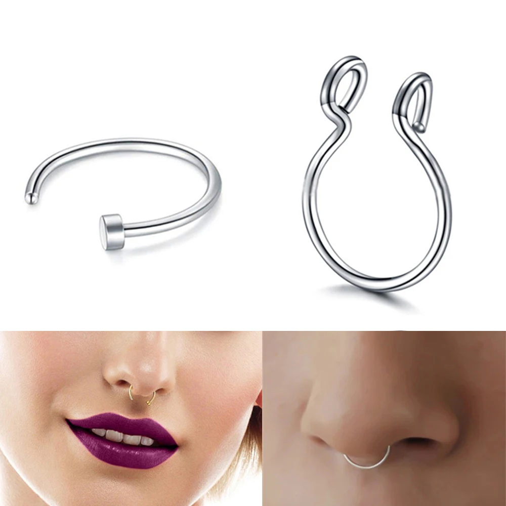 2PCS Stainless Steel Nose Ring Piercing Cuff Indian Body Jewelry Fake Septum Piercing Nose Rings Punk Accessories Sexy Lip Hoop