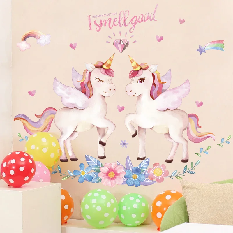 Cartoon Unicorn Wall Stickers Horse Pattern For Kids Room Decor Girls Bedroom Decoration Posters Cute Animals Wallpaper Stickers