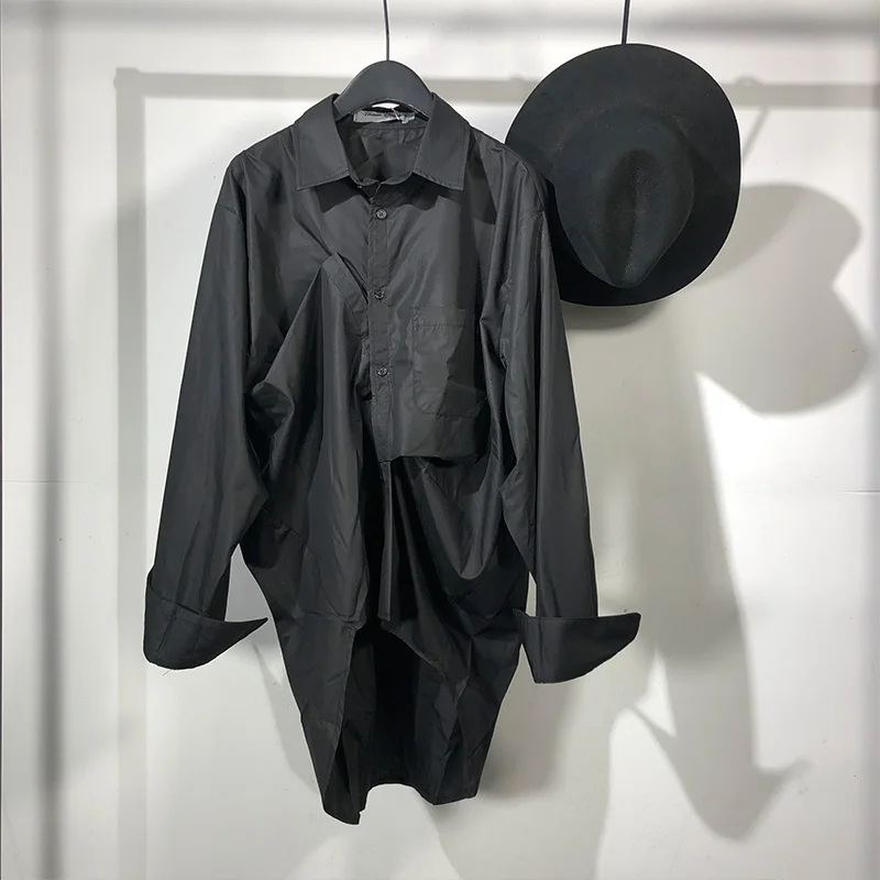 Men's Long-Sleeve Shirt Spring And Autumn New Dark Collar Irregular Asymmetric Three-Dimensional Cutting Design Shirt