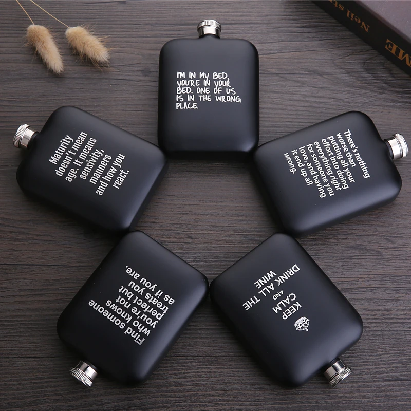 6 OZ Ounces Rectangle Frosted Black Matte Metal Stainless Steel Hip Flask Dringking Gift For Man Lover Quotes Laser Engraved