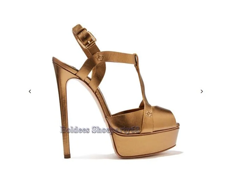 

Fashion metallized bronze Thin High Heel platform Sandals Woman Peep Toe Back Strap Buckle Designer Summer Dress Shoe 14cm heels