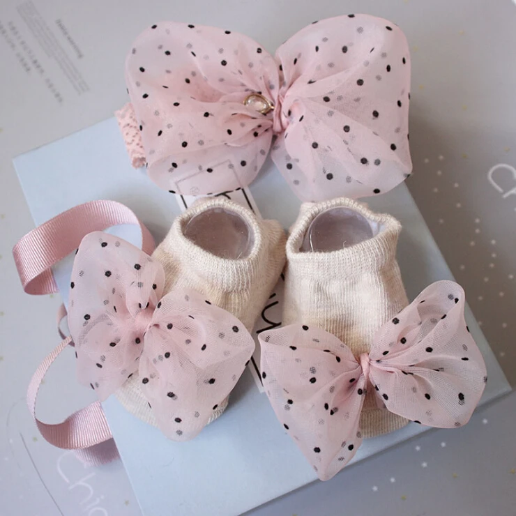 

2021 Lovely Baby Girl Socks and Headband Set Flower Bowknot Crown Headwrap + Booties Socks 2Pcs Set