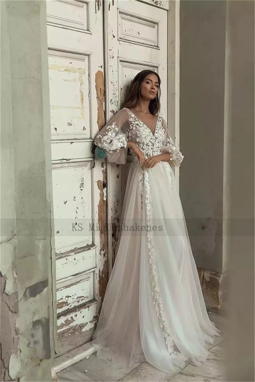 Ivoor Elegant 2022 Wedding Dresses Floor Lengte Kant Vintage Bruid Jurk V-hals Puff Lange Mouwen Bruidsjurken Bohemian Casament