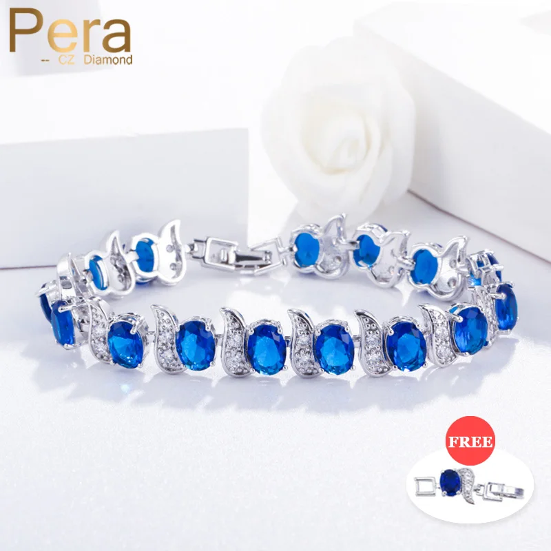 Pera European Design Natural Blue Oval Cubic Zirconia Silver Color Jewelry Big Charm Bracelets for Women Fashion Decoration B079