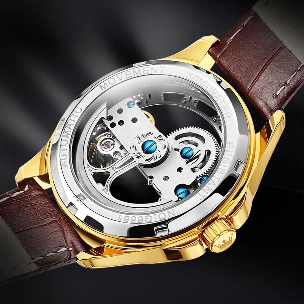 New Skeleton Mechanical Watch For Men Luxury Brand OLEVS Automatic Watch Luminous Leather Strap Waterproof Relogio Masculino