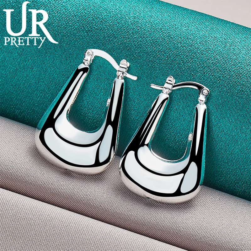 UPRETTY New 925 Sterling Silver 17mm U Shape Hoop Earring For Women Lady Party Wedding Engagement Charm Jewelry Gift