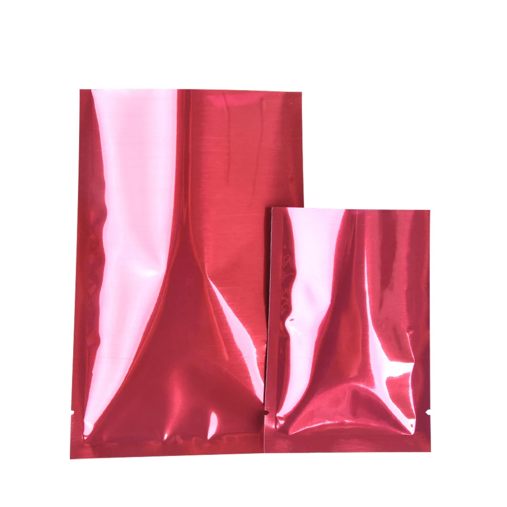 100Pcs/Lot  Food Candy Ground Coffee Bean Tea Snack Storage Tear Notch Packaging Pouches Glossy Red Mylar Foil Open Top Bag