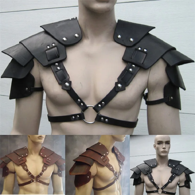 Men Medieval Costume Armors Cosplay Accessory Vintage Gothic Warrior Knight Shoulder PU Leather Harness Punk Rivet Pauldrons