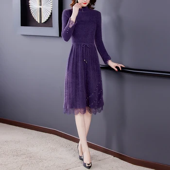Women's Long Turtleneck Sweater Dress 4 Winter Women Elegant Warm Long Turtleneck Mink Cashmere Sweaters 2024 Autumn Vintage Solid Casual Midi Sweater Dresses 4