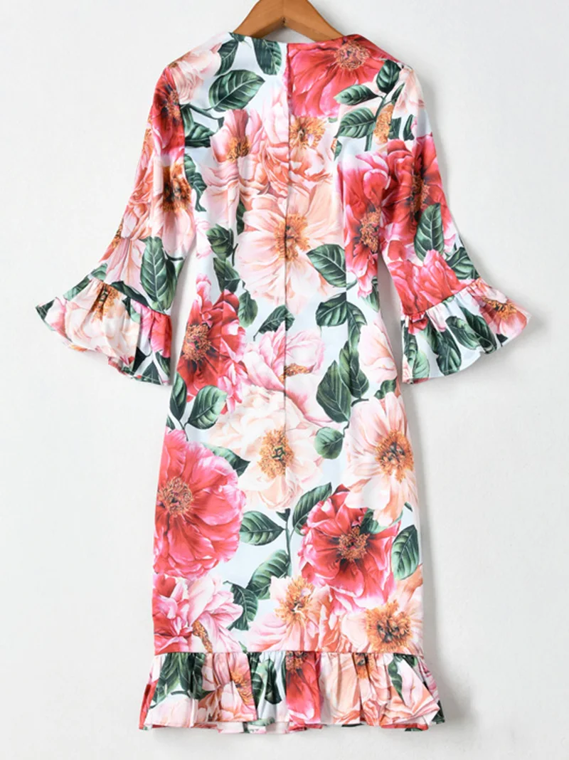 Camellia Print Women Ruffle Dress Round Neck Short Sleeve Dresses