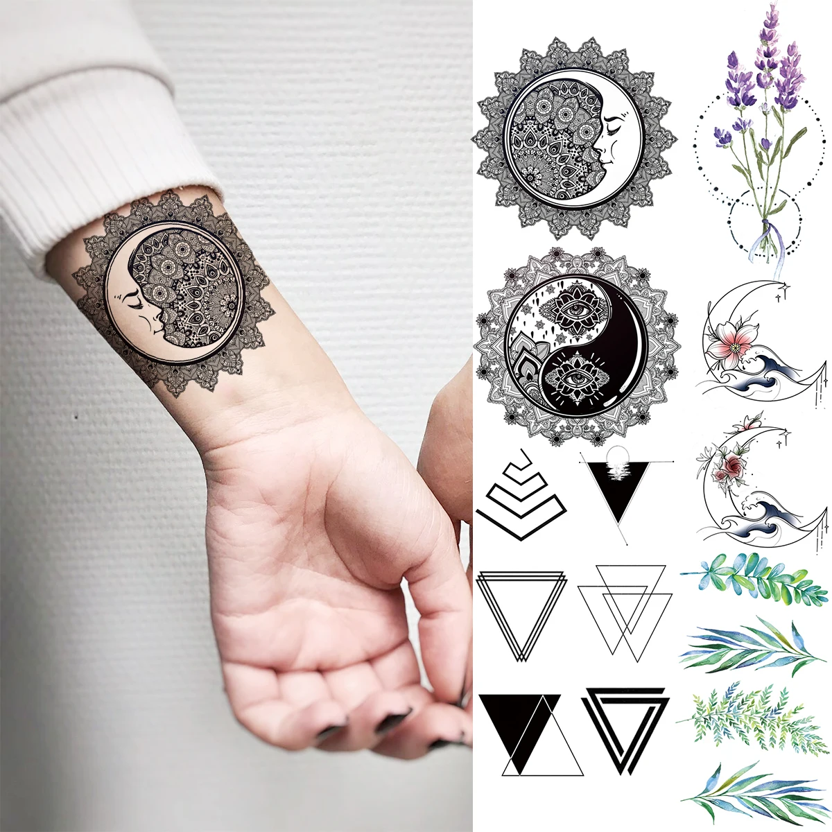 Tatouages temporaires 3D de poignet de Totem de lune noire pour femmes et hommes, faux autocollant de feuille de Triangle de lavande, Art corporel