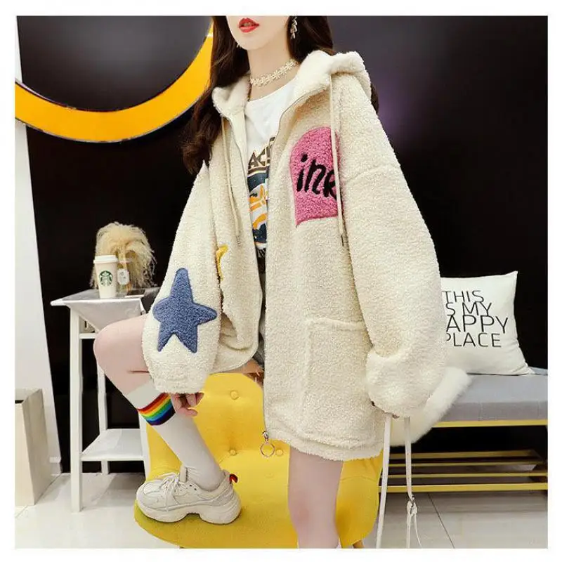 Winter Casual New Lamb Wool Hoodie Women Sweatshirt Embroidery Five-pointed Star Pullover Plus Velvet Pink Zipper Coat Female