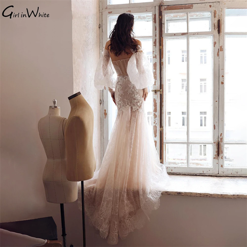 Puff Sleeve Mermaid Wedding Dress 2021 Graceful Strapless Beaded Lace Appliques Backless Bride Removable Bridal Gown