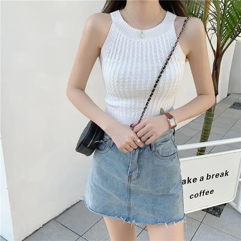 Pearl Diary Women Solid Tank Tops Summer Elegant Knitted Sleeveless Street Solid Crop Camisole Strapless Round Neck Tops