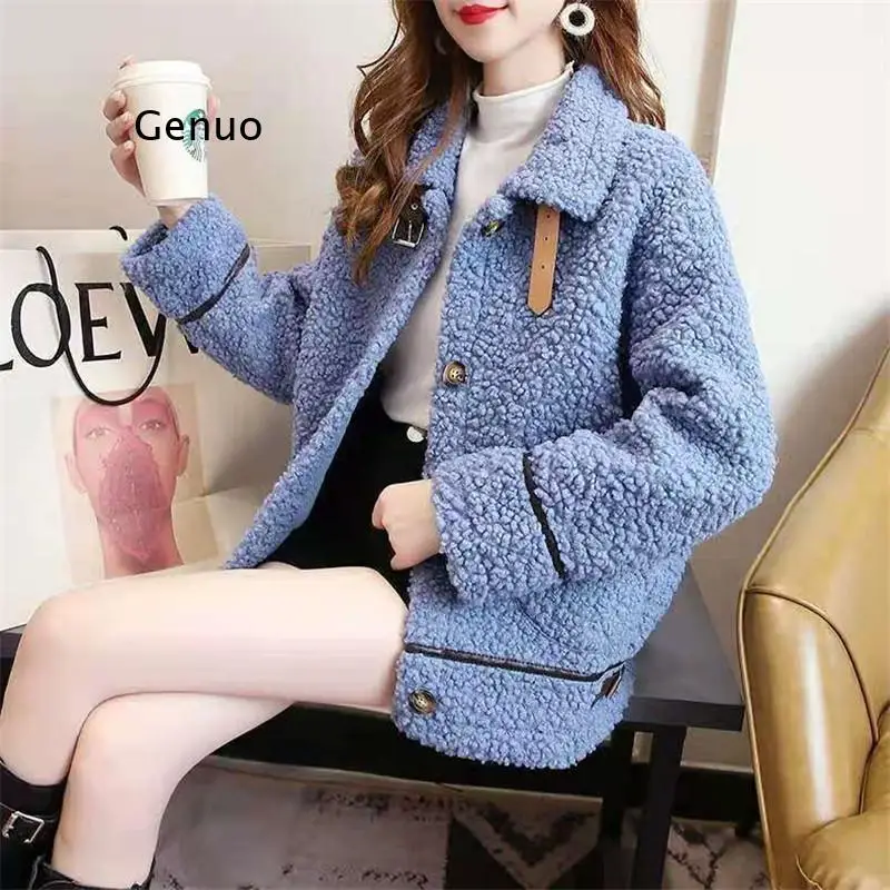 Thick Soft Fleece Jacket Faux Wool Jacket Women Pocket Buttons Overcoat Double Leather Buckle Lapel Windproof Teddy Plush Coat