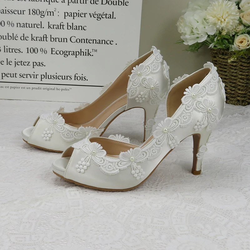 White Wedding shoes Bride fashion Open toe woman party dress shoes Peep Toe platform shoes Bridesmaid  party dress Pumps