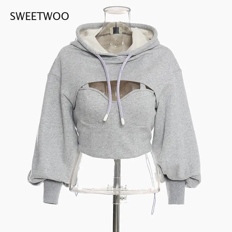 Hollow Out Gray Sweatshirt For Women Hooded Collar Long Sleeve Fake Two Casual Short Tops Female 2021 Fashion Fall