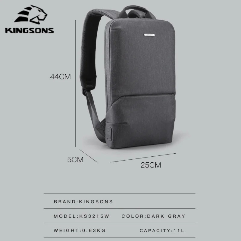 Kingsons Men Business Slim Backpack Waterproof 15 inch Laptop Bag USB Charging port Travel Shoulder Bag Fashion School Backpack