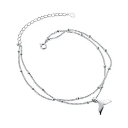 Real 925 Sterling Silver Double layer Mermaid Tail Charm Pendant Link Chain Anklet Party Jewelry for Women Beach Jewelry