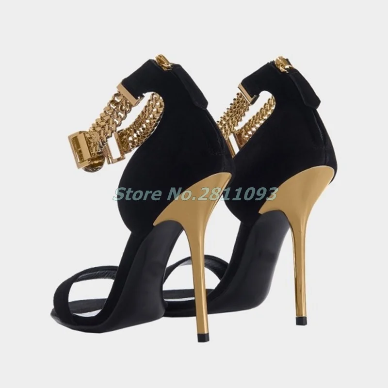 Black and Gold Chains Evening Shoes Sexy Stiletto Heels Sandals Suede Thin High Heels Ankle Metal Chain Decor Summer Sandals