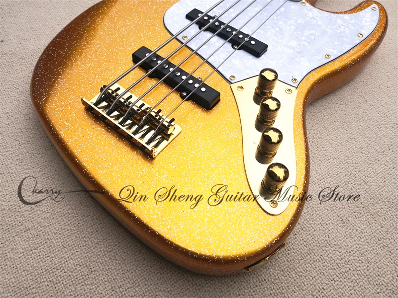 5-String Bass Guitar JB Gold Bass Basswood Body Maple Neck Fixed BridgeWhite Pearl Pickguard Active Battery