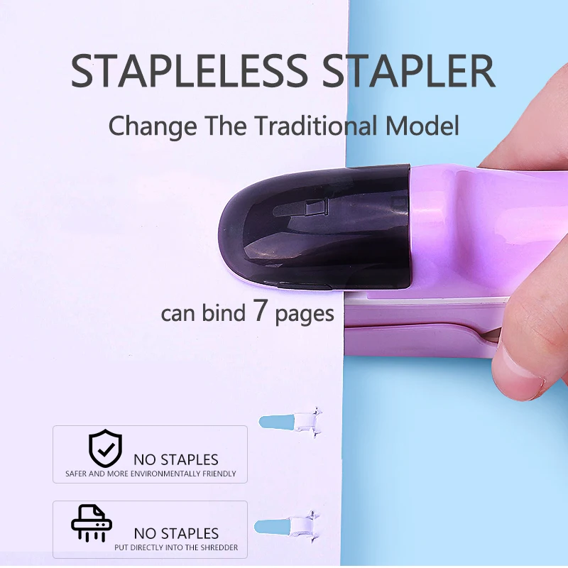 

1pcs Handheld Stapleless Stapler No Nail No Staples Stapling Machine Book Paper Safe Stapler 7 Sheets Binding Student Stationery